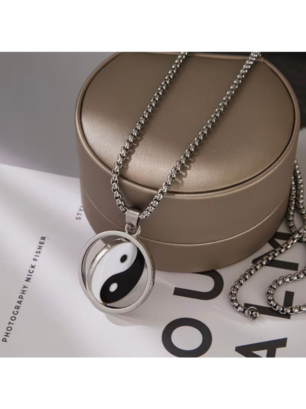 Stainless Steel Yin Yang Necklace Rotating Pendant Symbol Tai Silver Chain N10